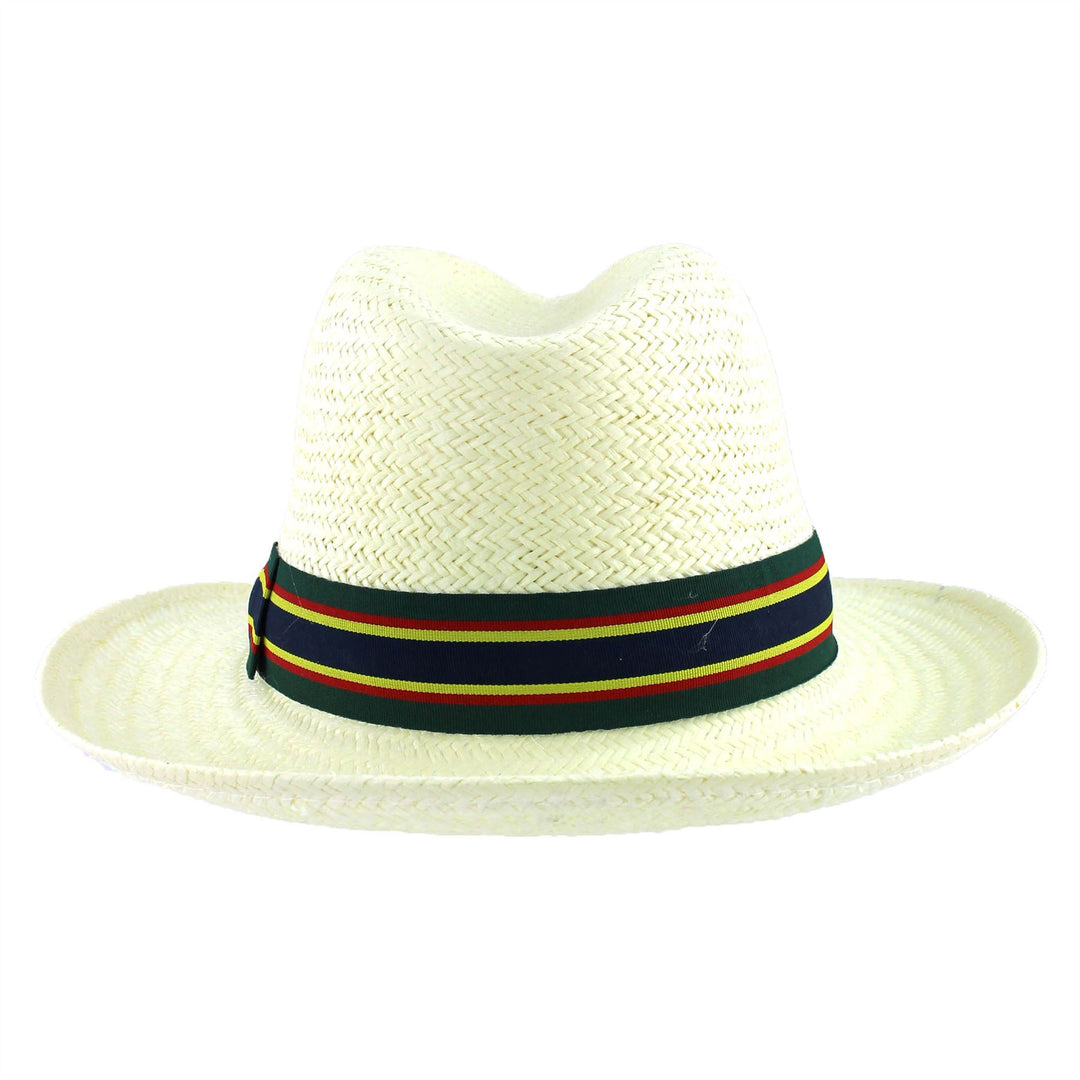 Wide Brim Straw Panama Fedora Hat - Green & Navy