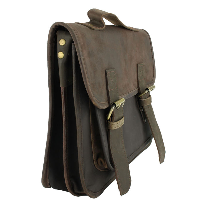 Real Leather Two Compartment Satchel - Dark Brown