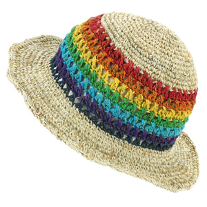 Chapeau de soleil en chanvre et coton - rayures arc-en-ciel au crochet