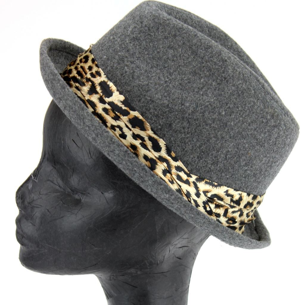 Women's felt rolled brim trilby hat with satin leopard print band - Grey (57cm)