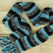 Hand Knitted Wool Scarf - SD Light Blue Charcoal