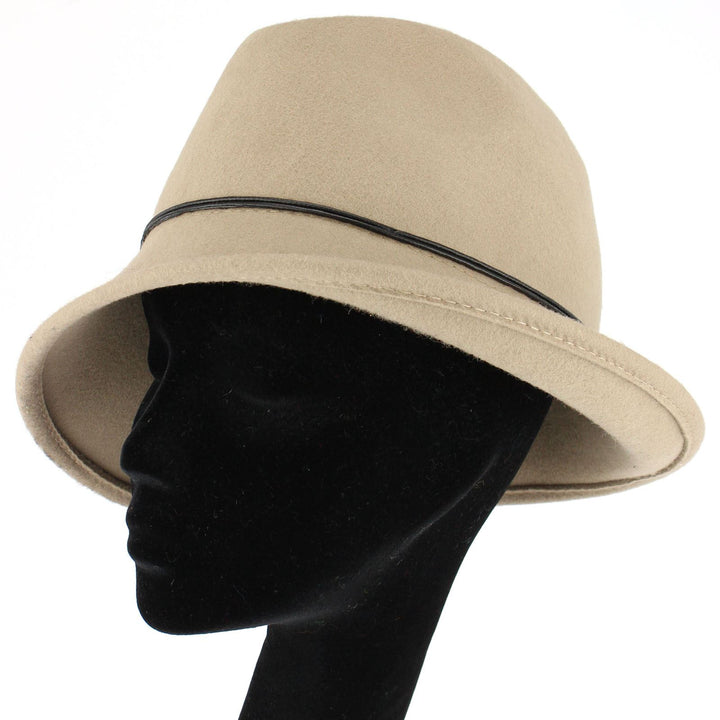 100% Wool felt asymmetric brim trilby hat with cord band - Beige (57cm)