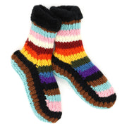 Hand Knitted Wool Slipper Socks - Stripe Progress Rainbow