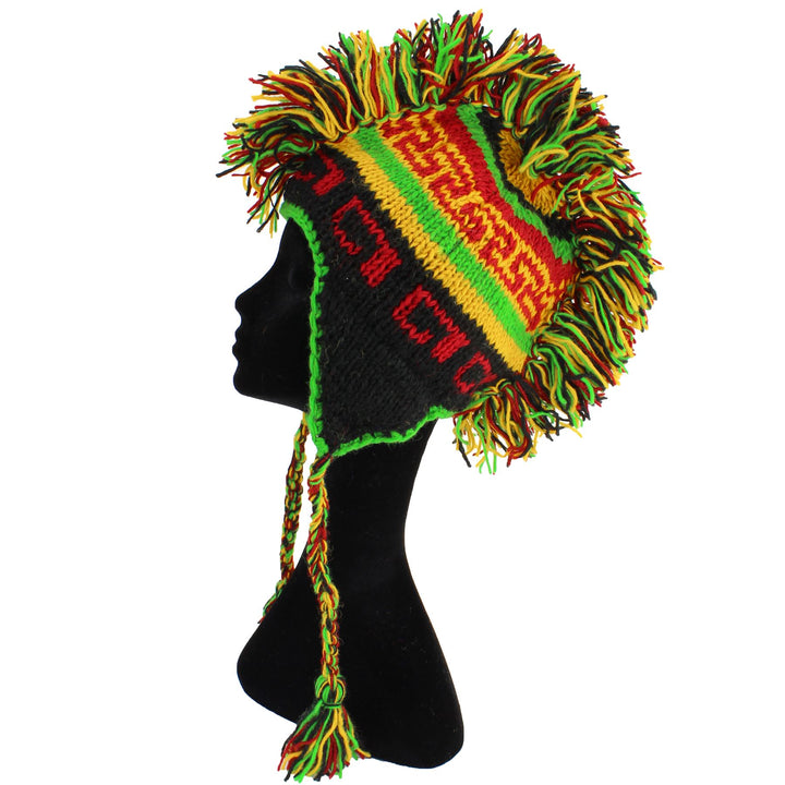 Wool Knit 'Punk' Mohawk Earflap Beanie Hat - Rasta
