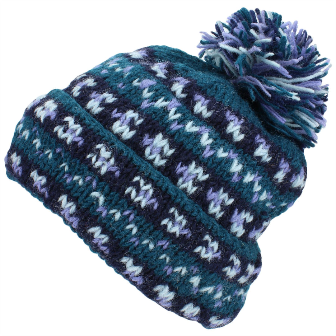 Chunky Wool Knit Baggy Slouch Beanie Bobble Hat - Teal