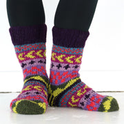 Hand Knitted Wool Slipper Socks Lined - Chevron Purple