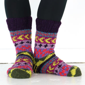 Chaussettes chaussons en laine tricotées main doublées - chevron violet