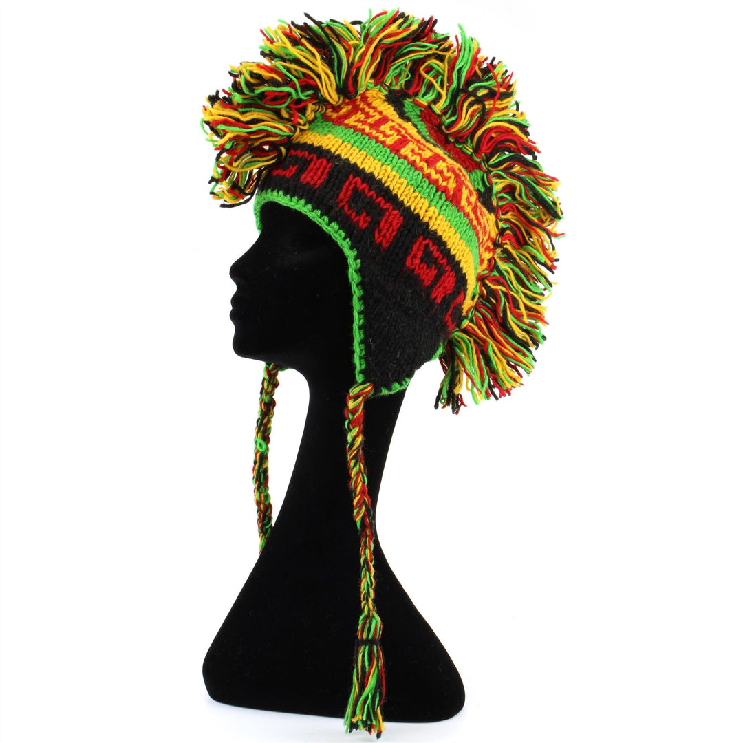 Wool Knit 'Punk' Mohawk Earflap Beanie Hat - Rasta