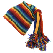 Hand Knitted Beanie Fountain Tassel Hat - Stripe Dark Rainbow