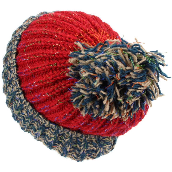 Chunky Wool Knit Baggy Slouch Beanie Hat with Contrast Turn-up and Bobble - Red