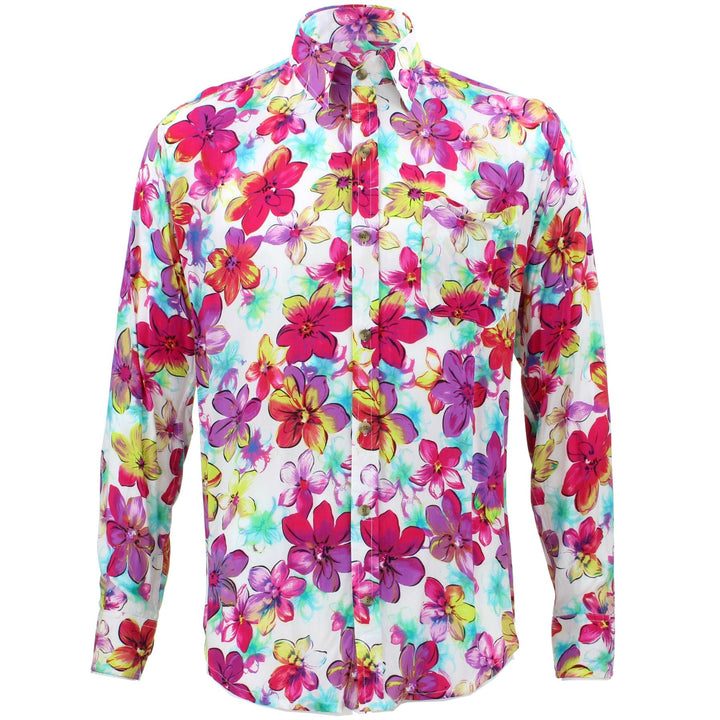 Tailored Fit Long Sleeve Shirt - Purple Red & Yellow Floral on White