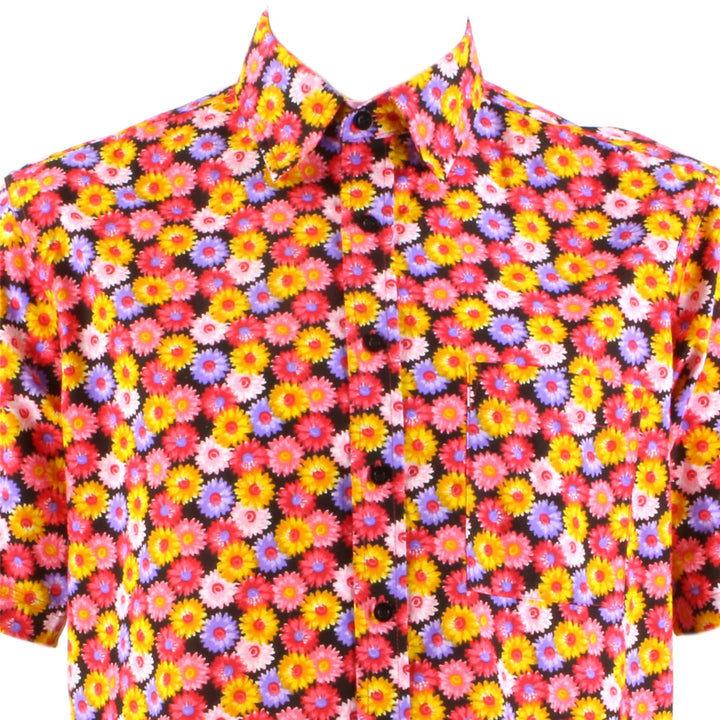 Regular Fit Short Sleeve Shirt - Red Pink & Yellow Floral on Black
