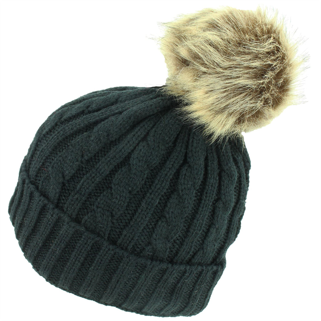 Cable Knit Beanie Hat with Faux Fur Bobble - Black
