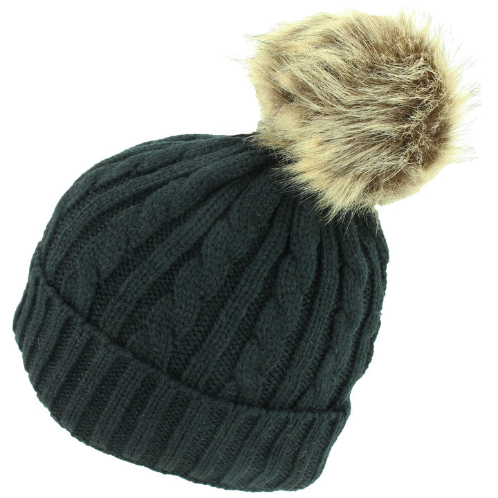 Cable Knit Beanie Hat with Faux Fur Bobble - Black