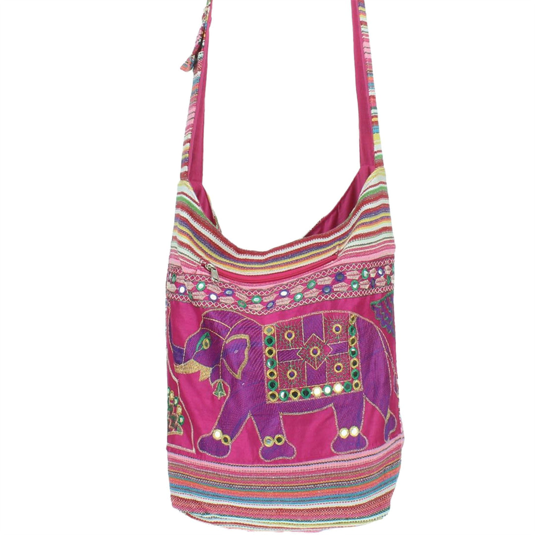 Embroidered Elephant Canvas Sling Shoulder Bag - Pink