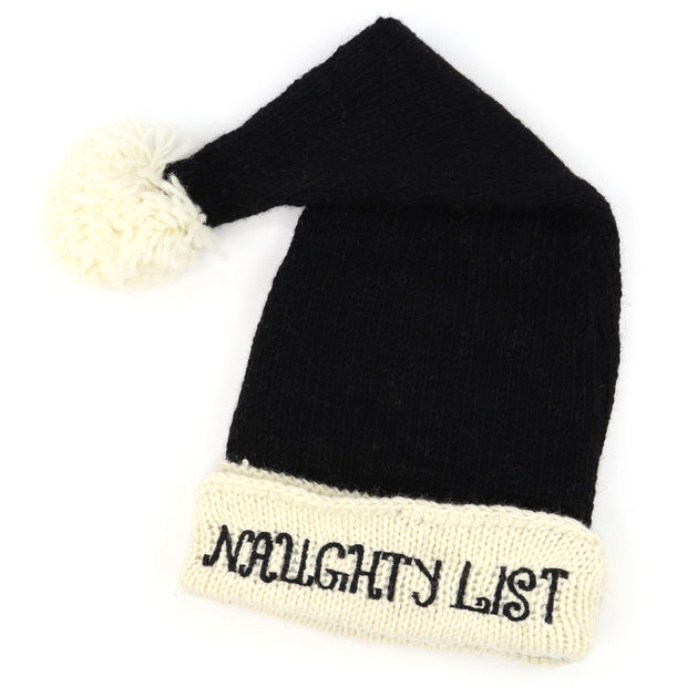 Hand Knitted Wool Christmas Beanie Hat - Naughty List Black