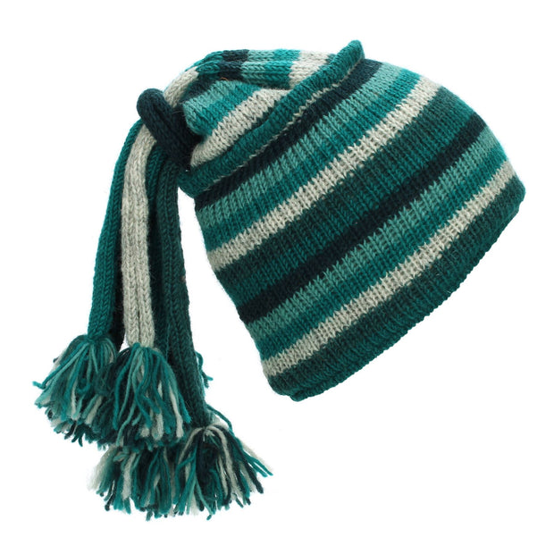 Hand Knitted Beanie Fountain Tassel Hat - Stripe Teal