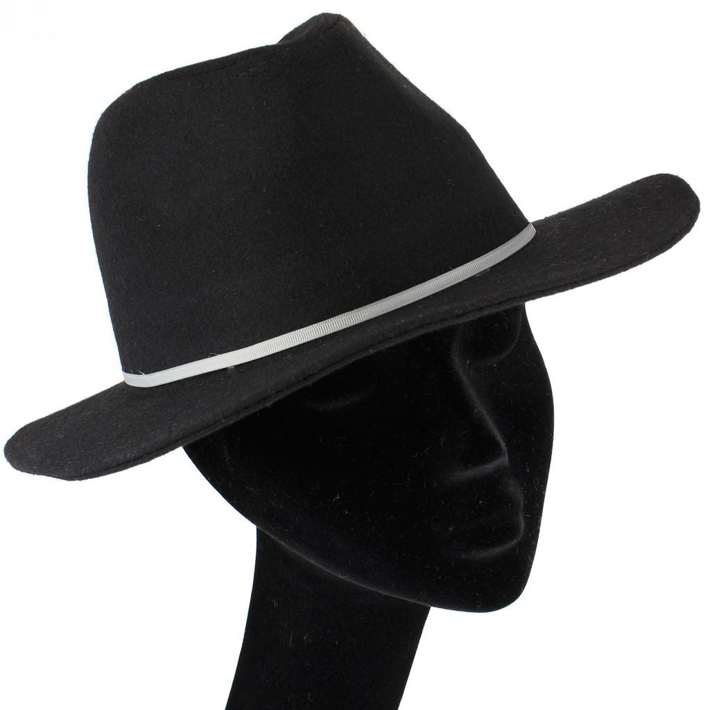 Wool fedora hat with flat brim and skinny contrast band - Black (57cm)