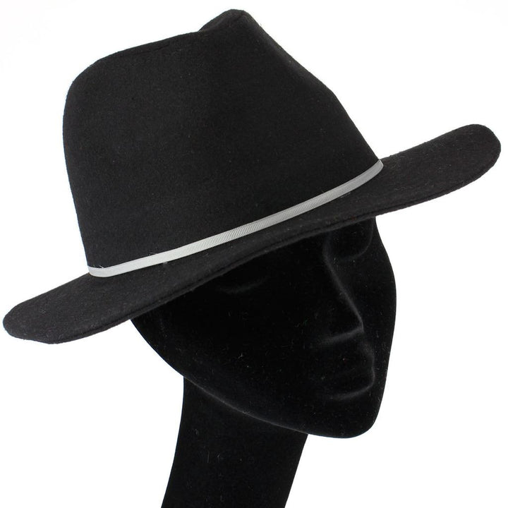 Wool fedora hat with flat brim and skinny contrast band - Black (57cm)