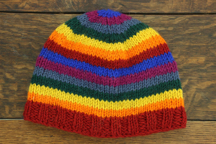 Wool knit beanie hat with fleece lining - Rainbow