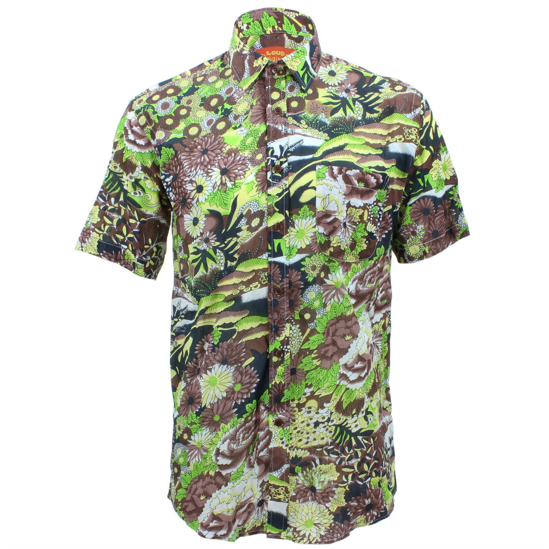 Regular Fit Short Sleeve Shirt - Green & Brown Abstract Floral