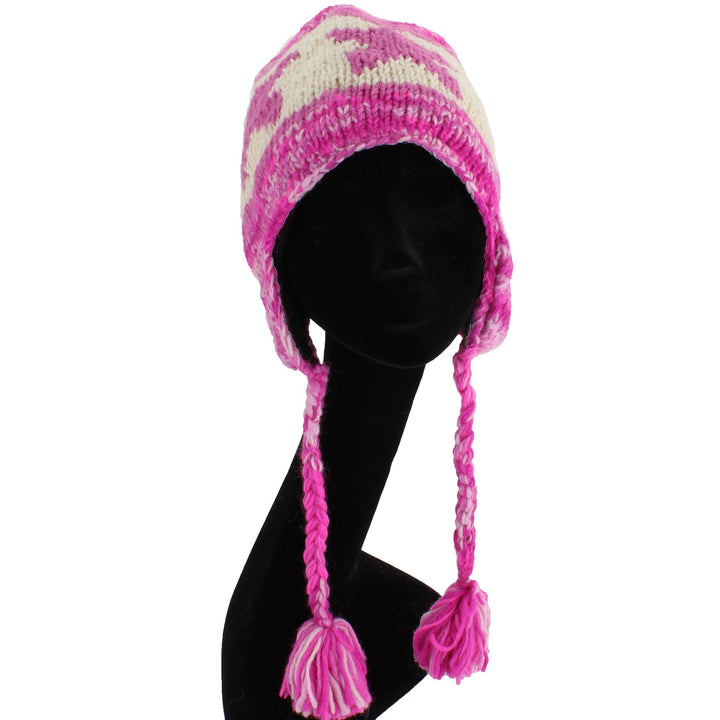 Wool Knit Earflap Tassel Hat - Star Pink