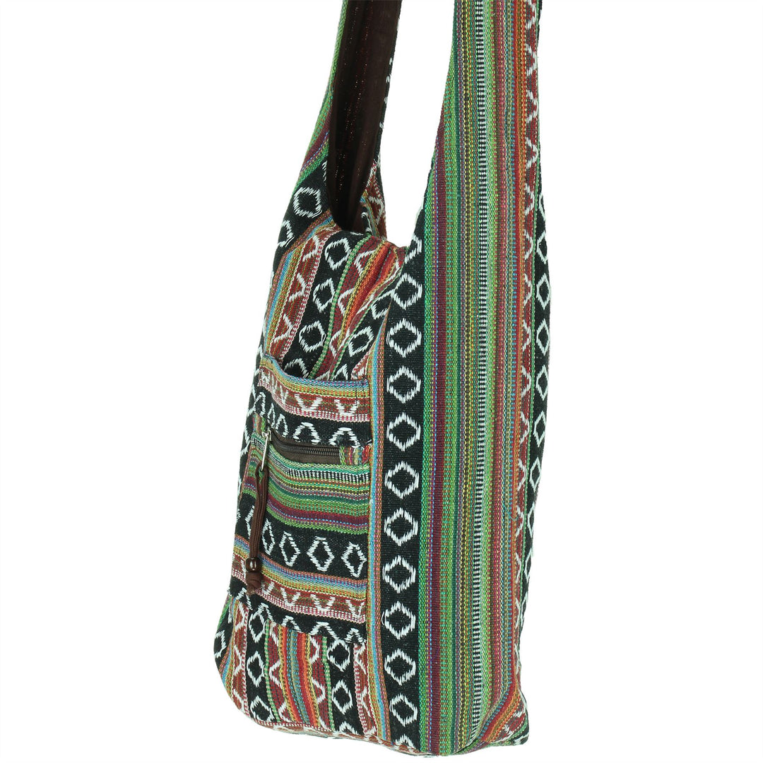 Diamond Pattern Canvas Sling Shoulder Bag - Black Brown
