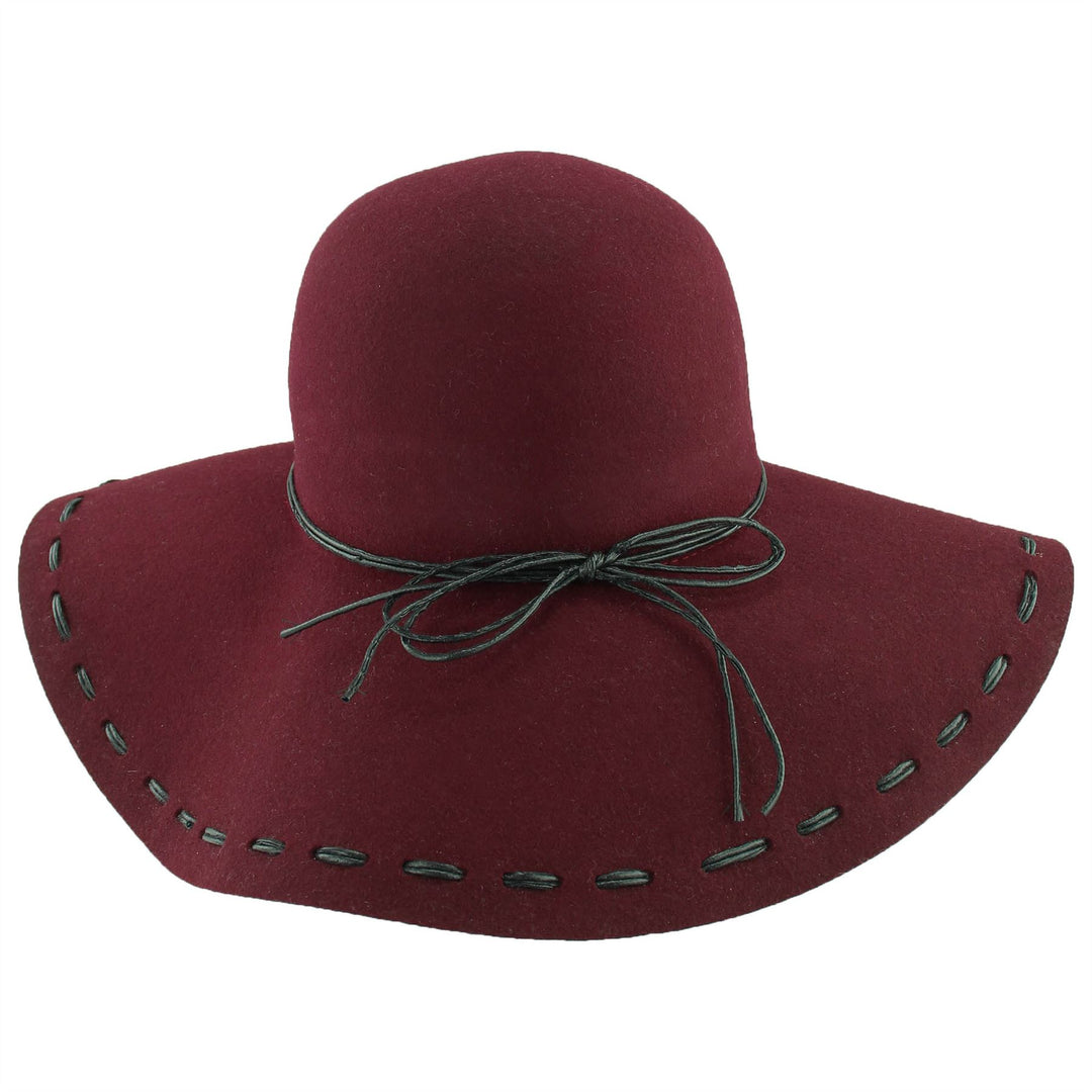 100% Wool felt wide brim floppy hat with cord band - Wine (57cm)