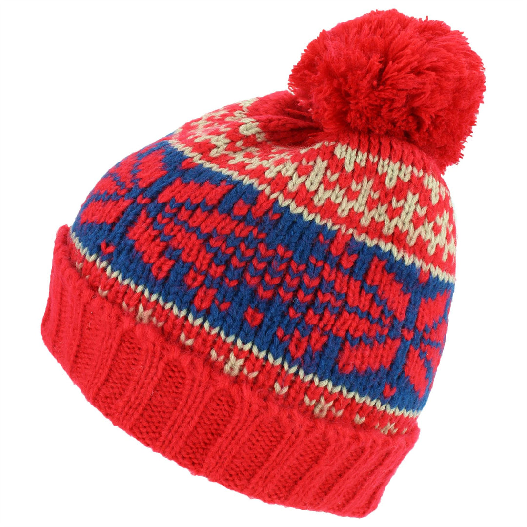 Chunky Knit Slouch Beanie Bobble Hat with Fairisle Pattern - Red