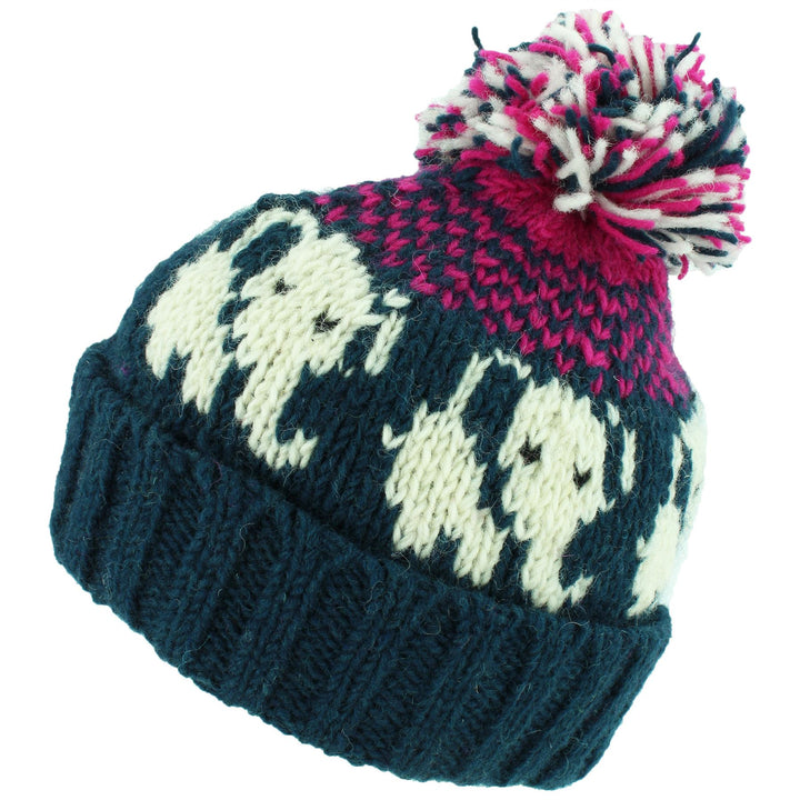 Wool Knit Bobble Beanie Hat - Elephant - Teal Pink