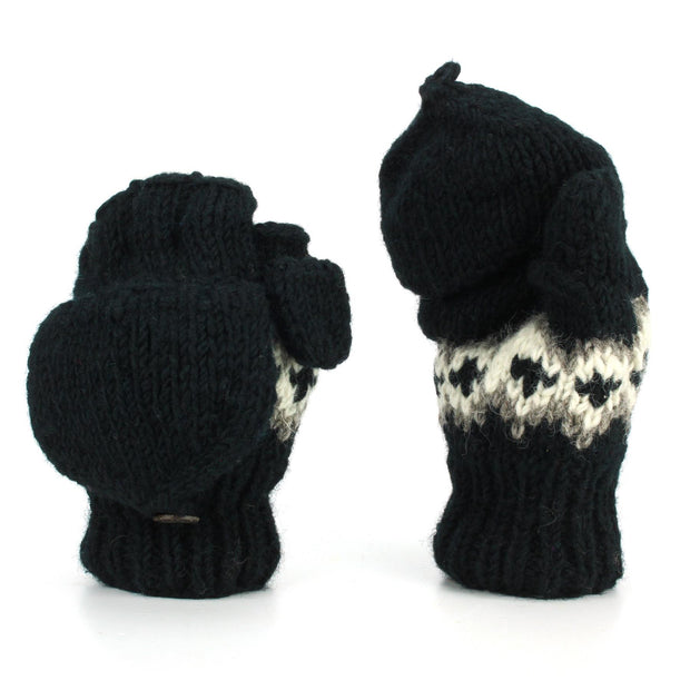 Wool Knit Fingerless Shooter Gloves - Fairisle Black