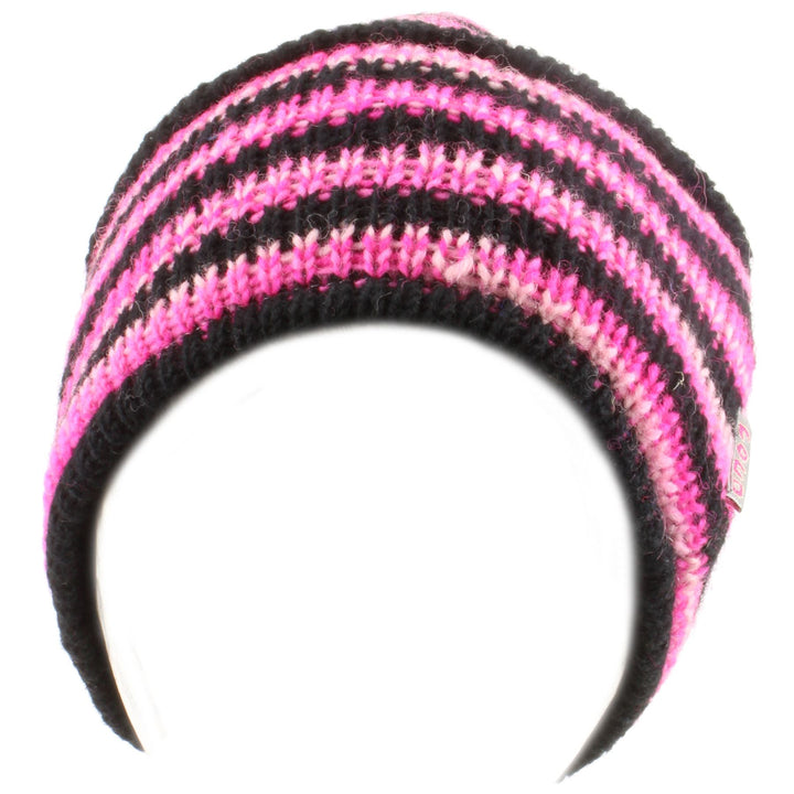 Wool Knit Ridge Beanie Hat with Fleece Lining - Black & Pink Space Dye