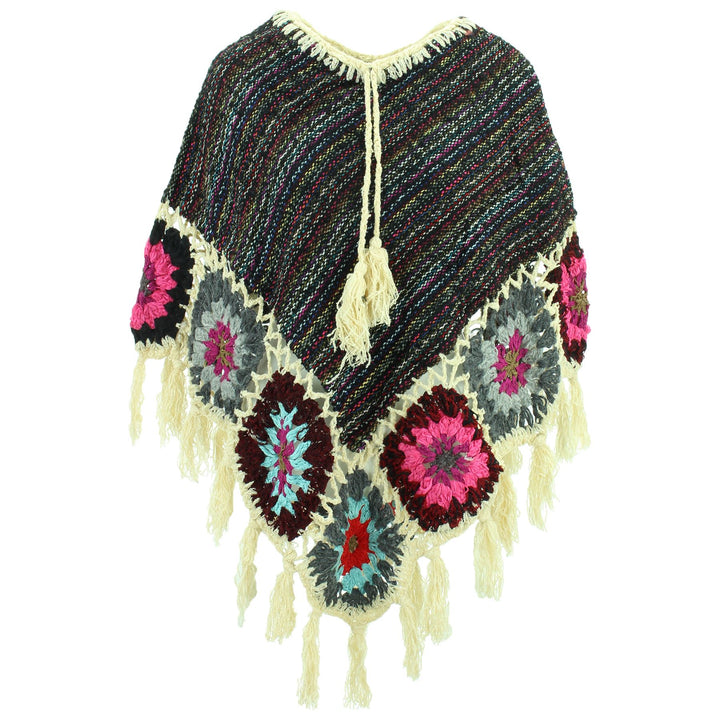Granny Squares Crochet Poncho Short - Black Multi/Cream