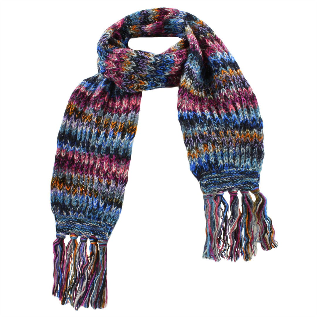 Long Chunky Knit Wool Multi Mix Scarf - Blue Mix