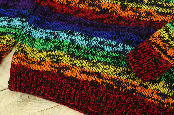 Hand Knitted Wool Jumper - Stripe Black Rainbow SD