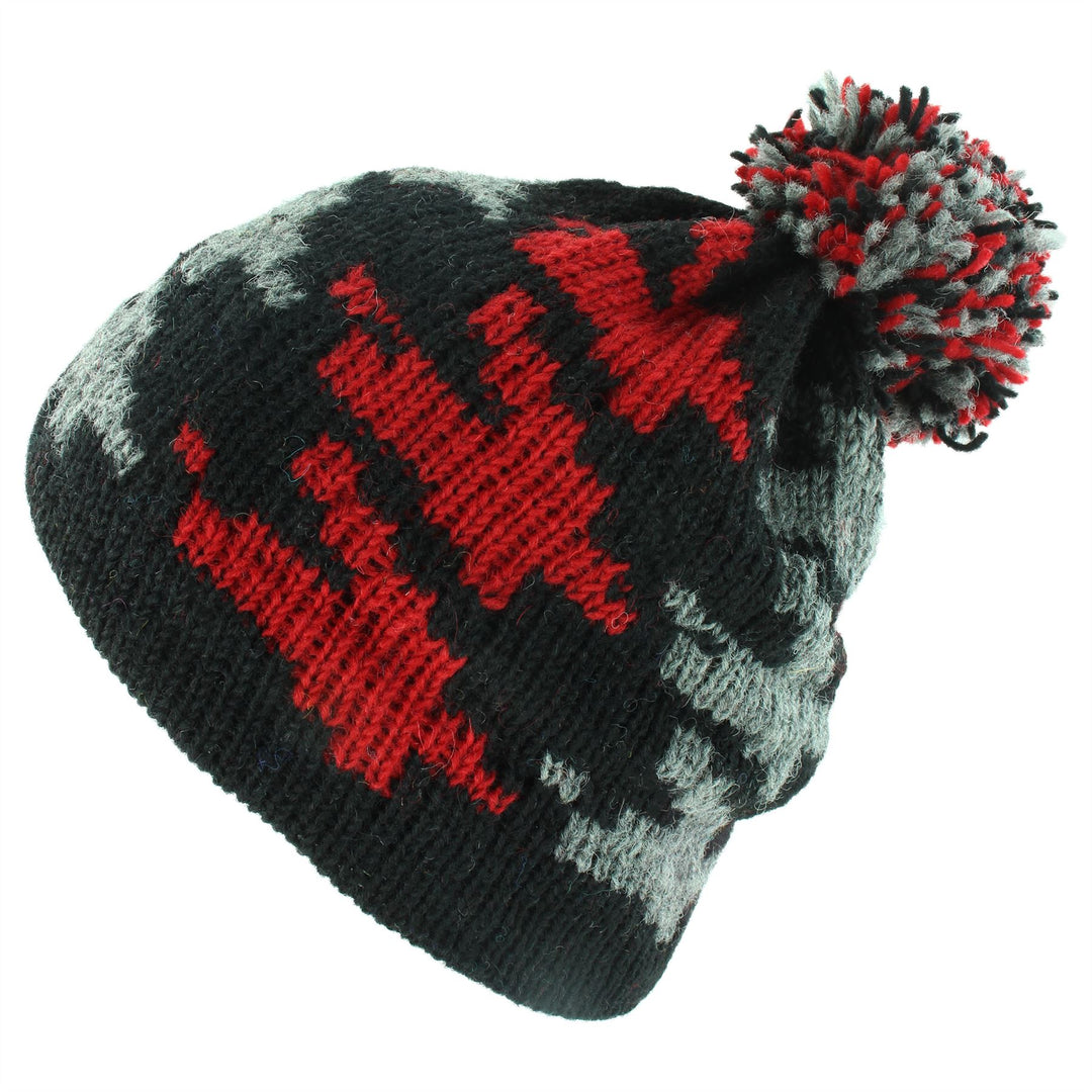 Wool Knit Bobble Beanie Hat - Red Houndstooth
