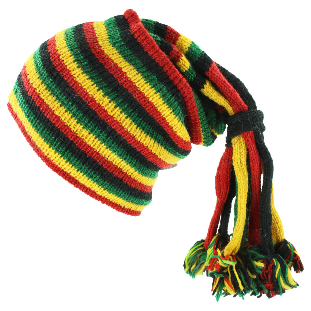 Wool Knit 'Fountain' Tassels Beanie Hat - Rasta