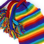 Hand Knitted Beanie Fountain Tassel Hat - Stripe Bright Rainbow