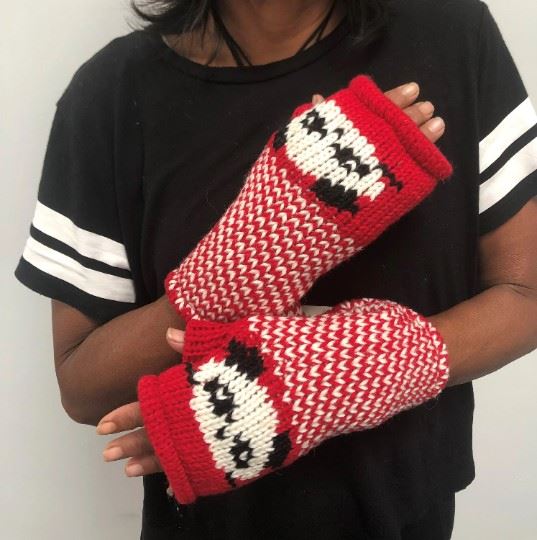 Wool Knit Fleece Lined  Wrist Warmers - Panda Red