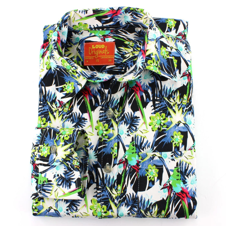 Tailored Fit Long Sleeve Shirt - Black Blue & Green Palms & Parrots