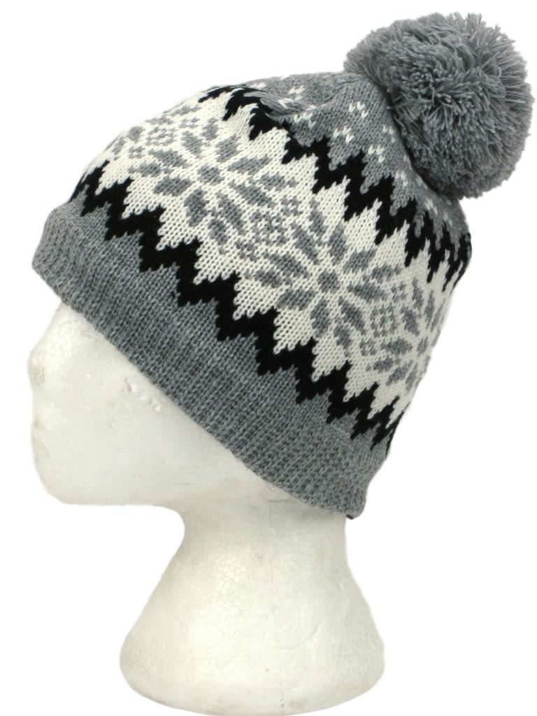 Fine knit fairisle pattern beanie bobble hat with fleece lining - Grey