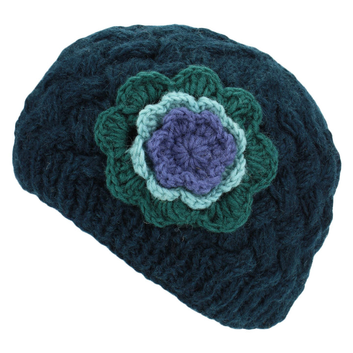 Ladies Wool Cable Knit Beanie Hat with Contrast Flower - Teal