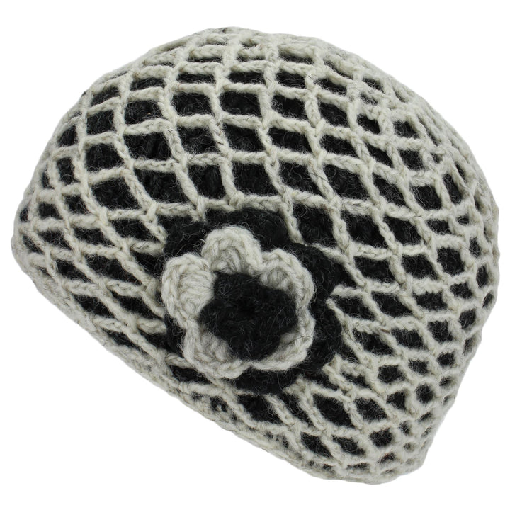 Ladies Wool Knit Crochet Lattice Beanie Hat with Flower - Off White