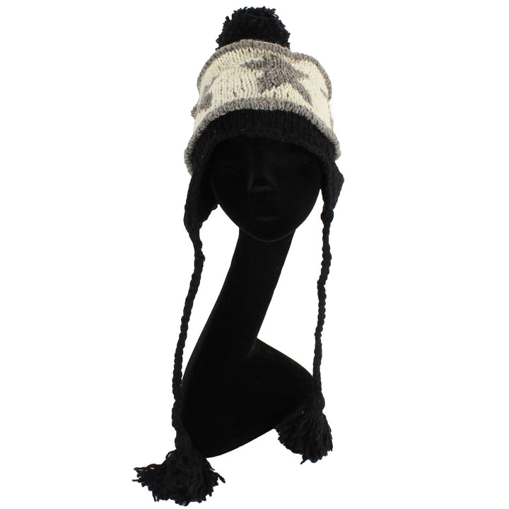 Wool Knit Earflap Bobble Hat - Star Black