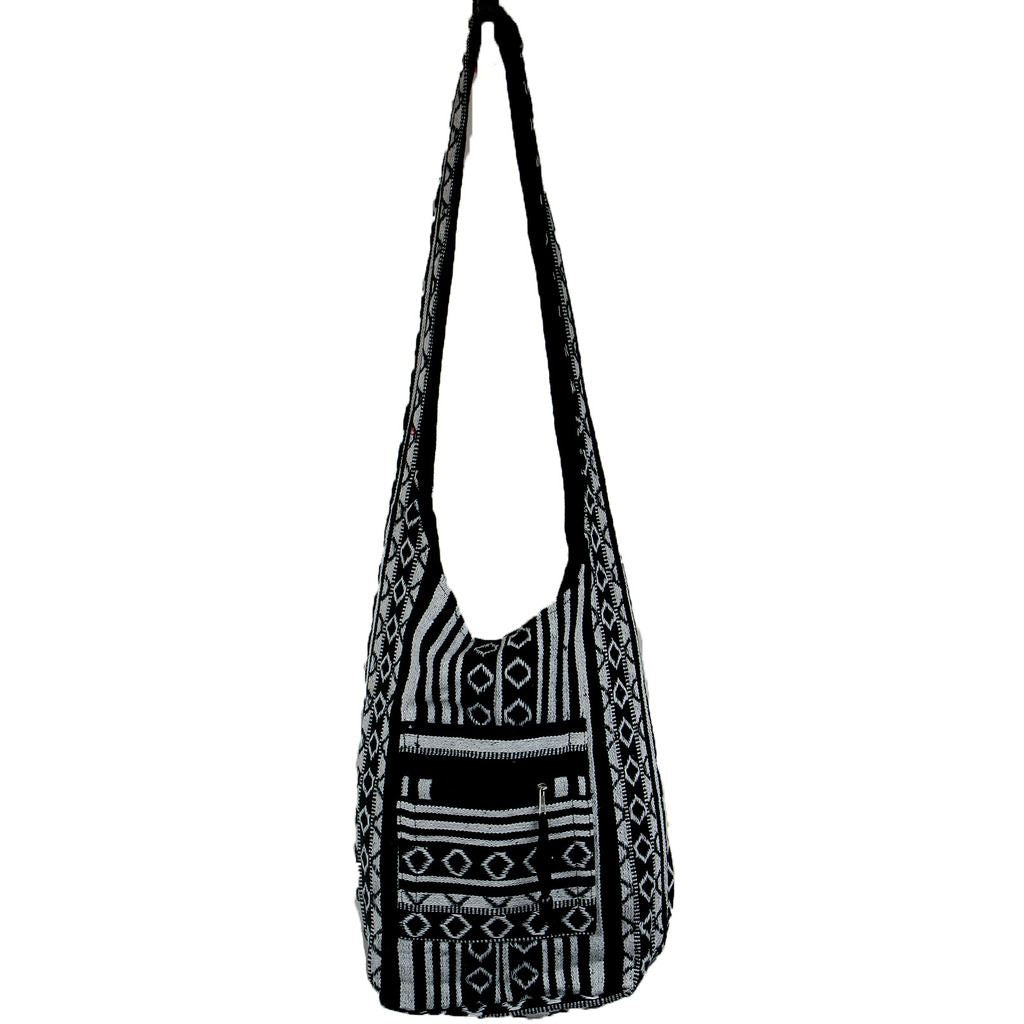 Diamond Pattern Canvas Sling Shoulder Bag - Black White
