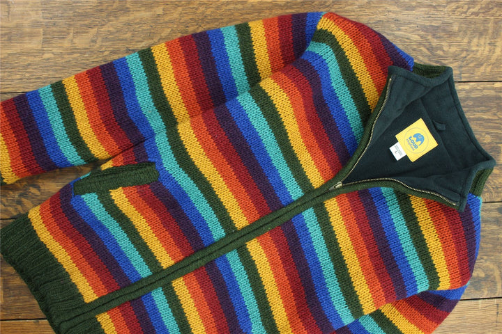 Hand Knitted Wool Jacket Cardigan - Stripe Dark Rainbow