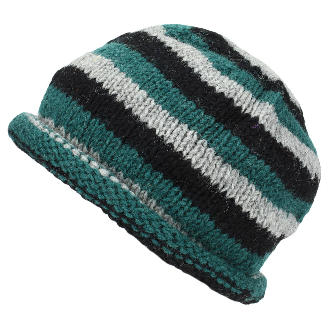 Chunky Wool Knit Beanie Hat with Rolled Brim - Green