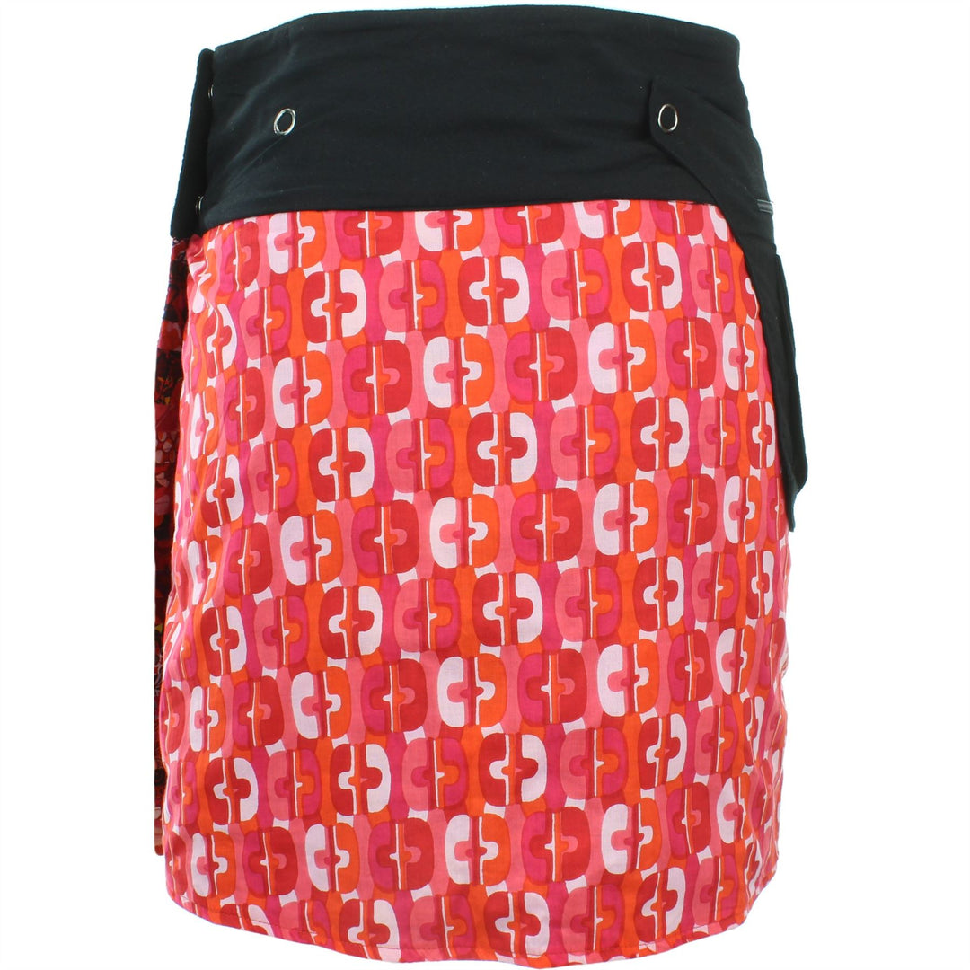 Reversible Popper Wrap Knee Length Skirt - Red Patch Strips / 70s Telephone