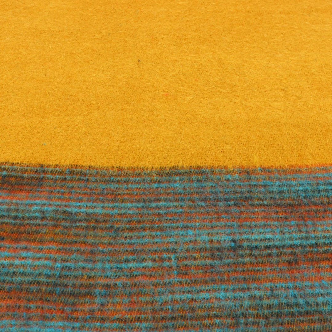 Tibetan Wool Blend Shawl Blanket - Mustard with Blue & Orange Reverse