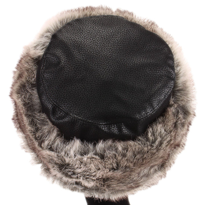 Flat Top Faux Leather Hat with Faux Fur Cuff - Black